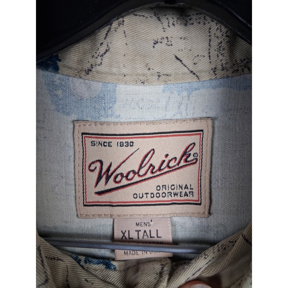 Woolrich Mens Shirt XL Tall Tan Explorer Theme Print Outdoor Gorp Hiking Camping - Picture 6 of 7